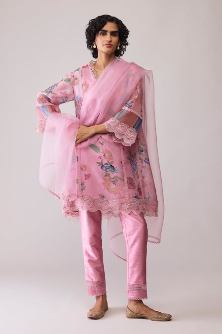 Bunka Pink Organza Embroidery, Lace V-neck Farida Print Kurta Set 