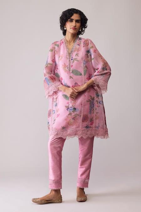Bunka_Pink Organza Embroidery, Lace V-neck Farida Print Kurta Set _at_Aza_Fashions