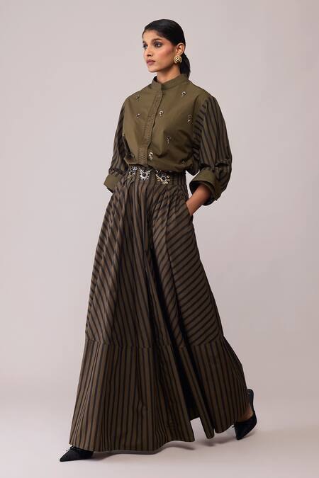 Bunka_Brown Cotton Fleur Olive Skirt _Online_at_Aza_Fashions