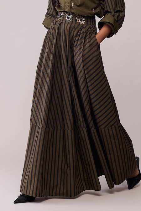 Buy_Bunka_Brown Cotton Fleur Olive Skirt _Online_at_Aza_Fashions