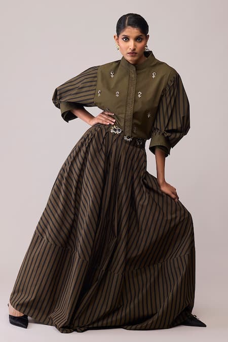 Shop_Bunka_Brown Cotton Fleur Olive Skirt _Online_at_Aza_Fashions