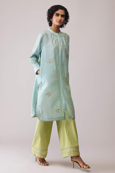 Bunka_Sky Blue Chanderi Embroidery Round Neck Ina Mint Kurta Set _Online_at_Aza_Fashions