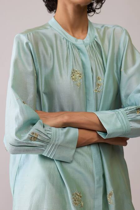 Buy_Bunka_Sky Blue Chanderi Embroidery Round Neck Ina Mint Kurta Set _Online_at_Aza_Fashions