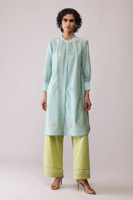 Bunka Sky Blue Chanderi Embroidery Round Neck Ina Mint Kurta Set 