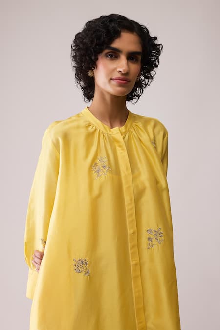 Bunka_Yellow Chanderi Embroidery Round Neck Ina Kurta And Pant Set _Online_at_Aza_Fashions