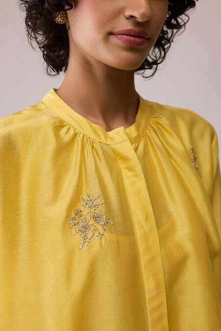 Buy_Bunka_Yellow Chanderi Embroidery Round Neck Ina Kurta And Pant Set _Online_at_Aza_Fashions