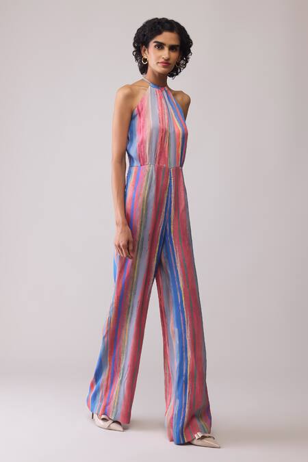 Bunka_Pink Organza Halter Neck Lara Striped Jumpsuit _Online_at_Aza_Fashions
