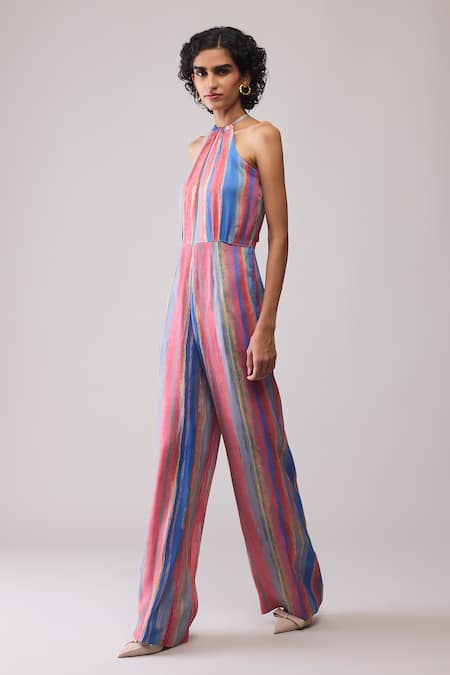 Buy_Bunka_Pink Organza Halter Neck Lara Striped Jumpsuit _Online_at_Aza_Fashions