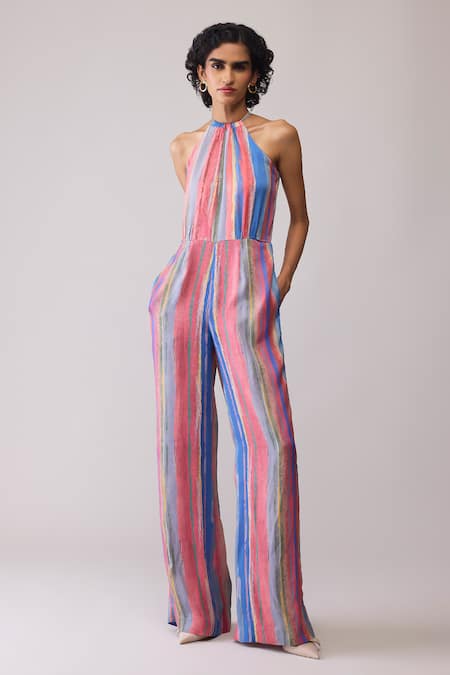 Shop_Bunka_Pink Organza Halter Neck Lara Striped Jumpsuit _Online_at_Aza_Fashions
