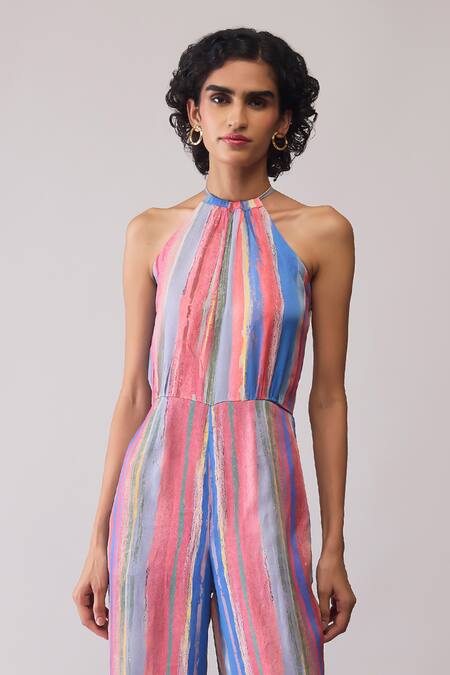 Bunka_Pink Organza Halter Neck Lara Striped Jumpsuit _at_Aza_Fashions