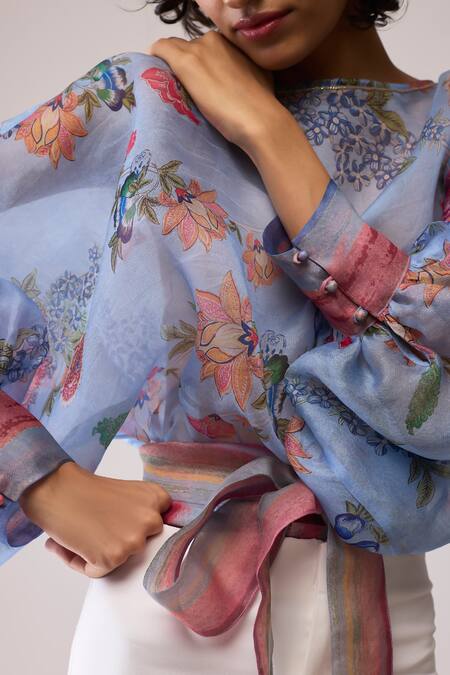 Bunka_Blue Organza Round Neck Maria Top  _Online_at_Aza_Fashions