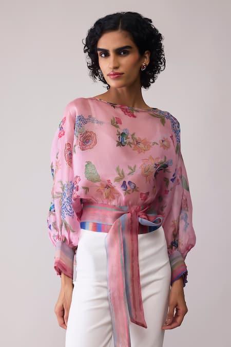 Bunka_Pink Organza Round Neck Print _Online_at_Aza_Fashions