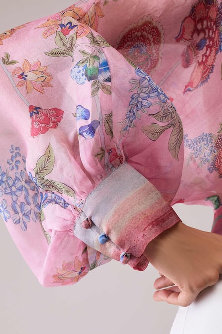 Buy_Bunka_Pink Organza Round Neck Print _Online_at_Aza_Fashions