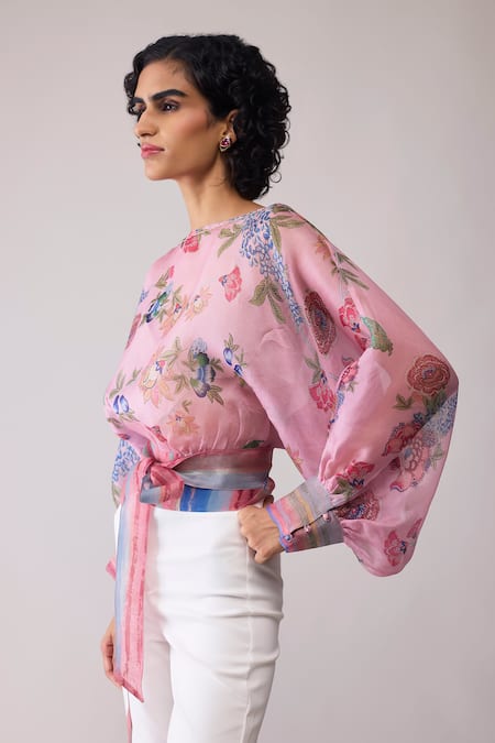 Shop_Bunka_Pink Organza Round Neck Print _Online_at_Aza_Fashions