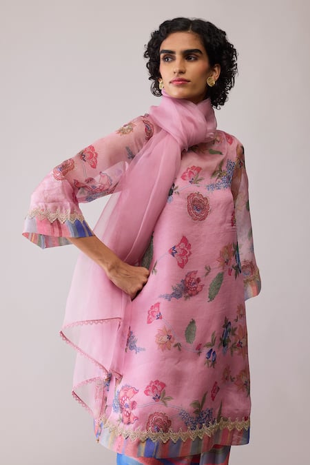 Bunka_Pink Organza Embroidery Round Neck Myla Kurta Set _Online_at_Aza_Fashions