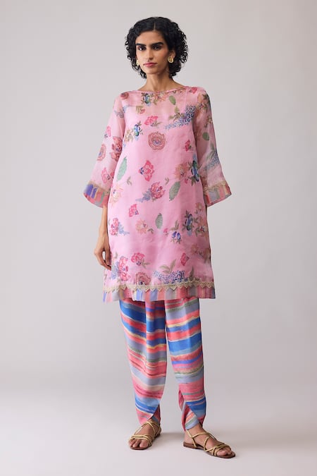 Buy_Bunka_Pink Organza Embroidery Round Neck Myla Kurta Set _Online_at_Aza_Fashions