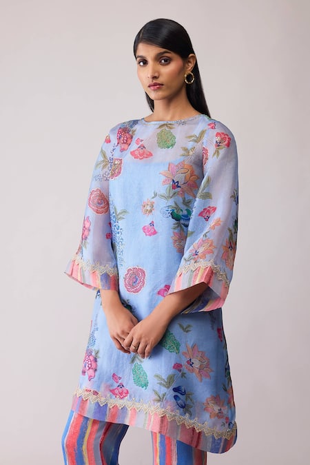Bunka_Blue Organza Embroidery Round Neck Myla Print Kurta Set _Online_at_Aza_Fashions