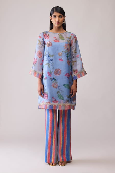 Bunka Blue Organza Embroidery Round Neck Myla Print Kurta Set