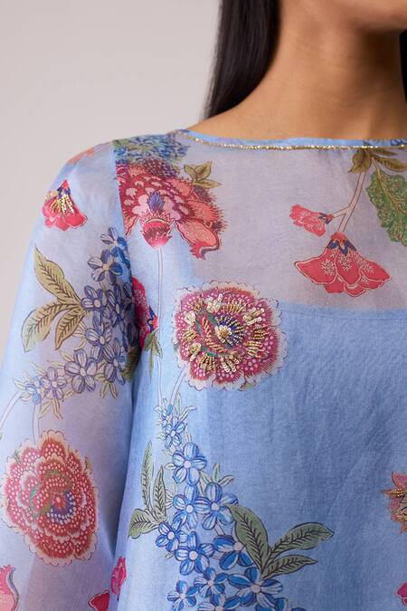 Shop_Bunka_Blue Organza Embroidery Round Neck Myla Print Kurta Set _Online_at_Aza_Fashions