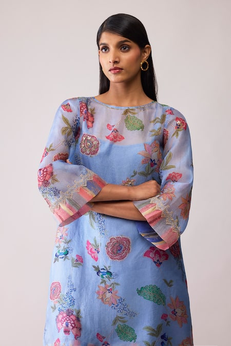 Bunka_Blue Organza Embroidery Round Neck Myla Print Kurta Set _at_Aza_Fashions