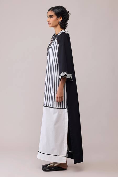 Buy_Bunka_Black Cotton Lace Split V-neck Neesa And White Dress _Online_at_Aza_Fashions