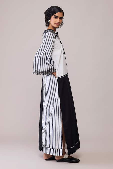 Shop_Bunka_Black Cotton Lace Split V-neck Neesa And White Dress _Online_at_Aza_Fashions