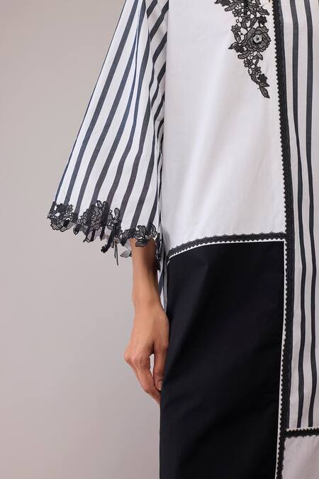 Bunka_Black Cotton Lace Split V-neck Neesa And White Dress _at_Aza_Fashions