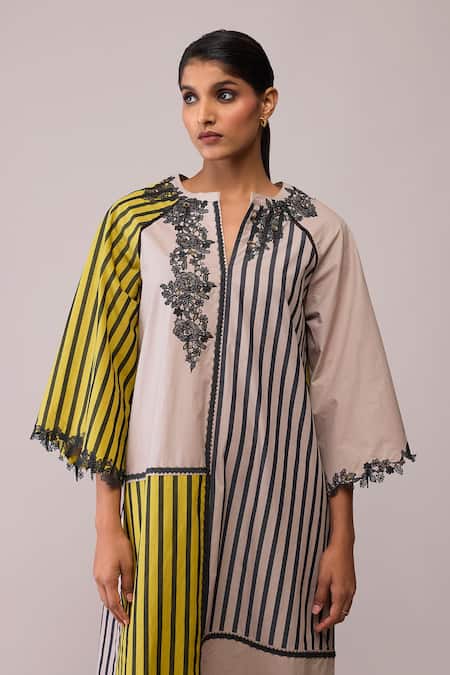 Bunka_Yellow Cotton Lace Open Neck Neesa Mustard And Beige Dress _Online_at_Aza_Fashions