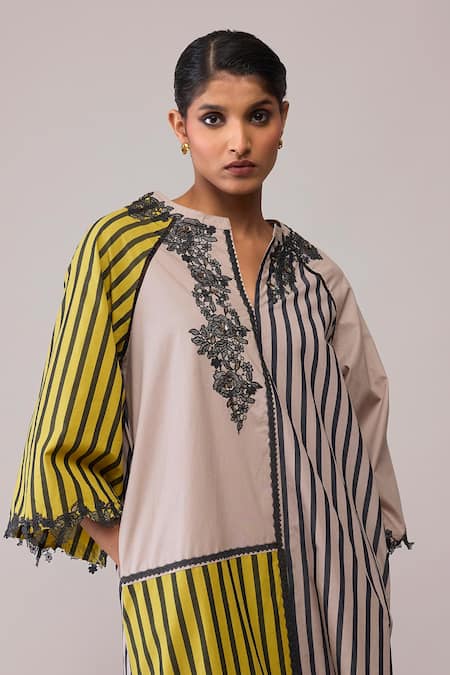 Buy_Bunka_Yellow Cotton Lace Open Neck Neesa Mustard And Beige Dress _Online_at_Aza_Fashions
