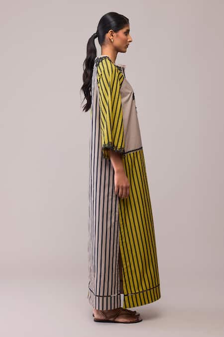 Shop_Bunka_Yellow Cotton Lace Open Neck Neesa Mustard And Beige Dress _Online_at_Aza_Fashions