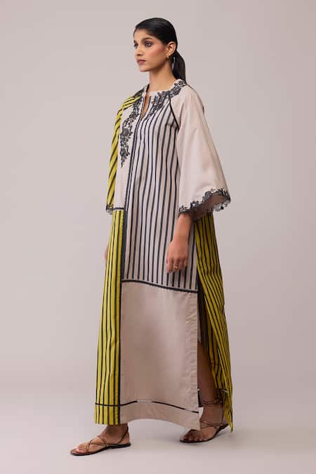 Bunka_Yellow Cotton Lace Open Neck Neesa Mustard And Beige Dress _at_Aza_Fashions