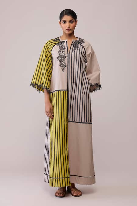 Bunka Yellow Cotton Lace Open Neck Neesa Mustard And Beige Dress 