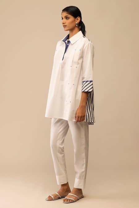 Shop_Bunka_White Cotton Collared Neela Embroidered Tunic With Pant _Online_at_Aza_Fashions
