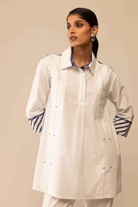Bunka_White Cotton Collared Neela Embroidered Tunic With Pant _at_Aza_Fashions