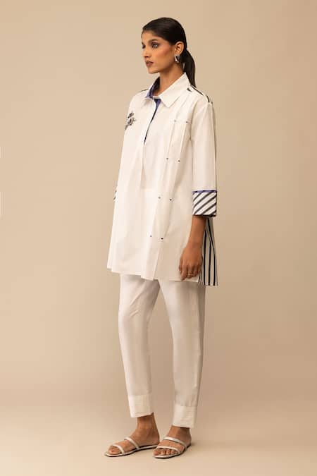 Shop_Bunka_White Cotton Embroidery Collared Neela Tunic With Pant _Online_at_Aza_Fashions