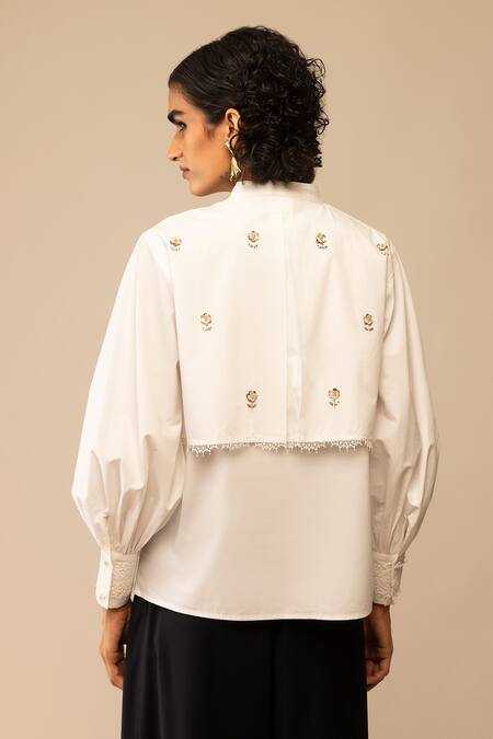Bunka_White Cotton Embroidery, Lace Mandarin Collar Nora Shirt _Online_at_Aza_Fashions
