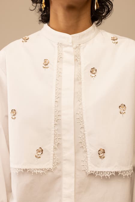 Buy_Bunka_White Cotton Embroidery, Lace Mandarin Collar Nora Shirt _Online_at_Aza_Fashions