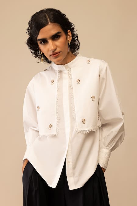 Shop_Bunka_White Cotton Embroidery, Lace Mandarin Collar Nora Shirt _Online_at_Aza_Fashions