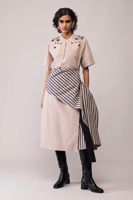 Bunka Beige Cotton Collared Rana Dress 