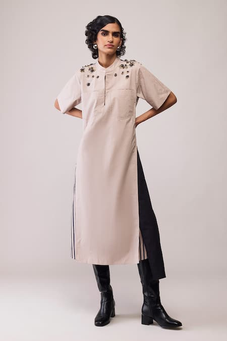 Bunka_Beige Cotton Collared Rana Dress _Online_at_Aza_Fashions