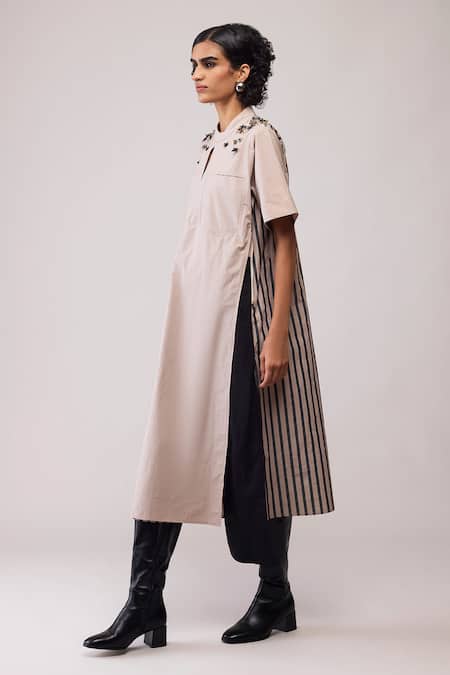 Buy_Bunka_Beige Cotton Collared Rana Dress _Online_at_Aza_Fashions