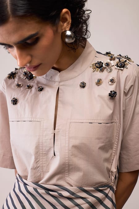 Shop_Bunka_Beige Cotton Collared Rana Dress _Online_at_Aza_Fashions