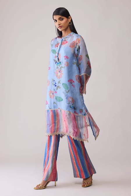 Bunka Blue Organza Lace Round Neck Tara Printed Kurta With Pant 