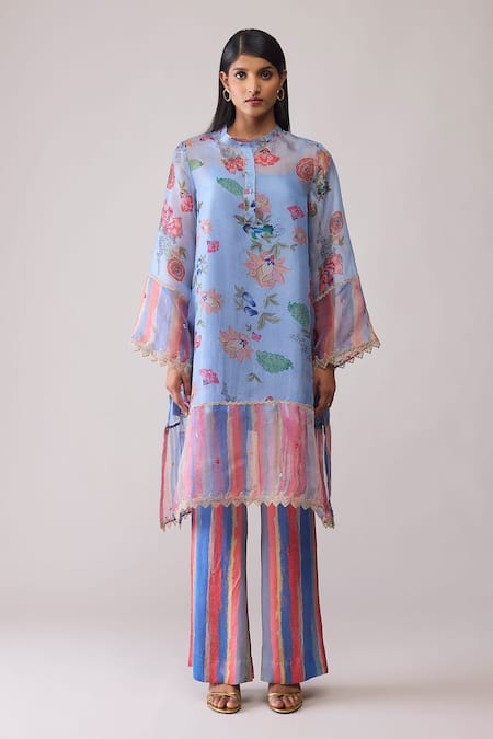 Bunka_Blue Organza Lace Round Neck Tara Printed Kurta With Pant _Online_at_Aza_Fashions