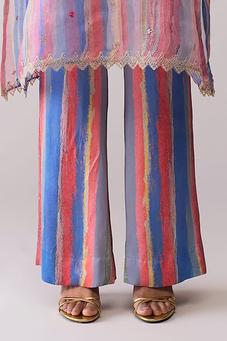 Buy_Bunka_Blue Organza Lace Round Neck Tara Printed Kurta With Pant _Online_at_Aza_Fashions