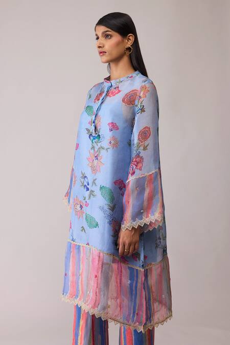 Shop_Bunka_Blue Organza Lace Round Neck Tara Printed Kurta With Pant _Online_at_Aza_Fashions