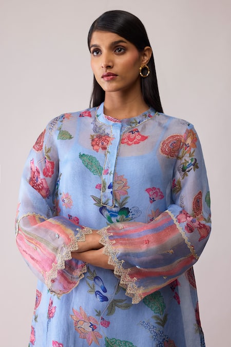 Bunka_Blue Organza Lace Round Neck Tara Printed Kurta With Pant _at_Aza_Fashions