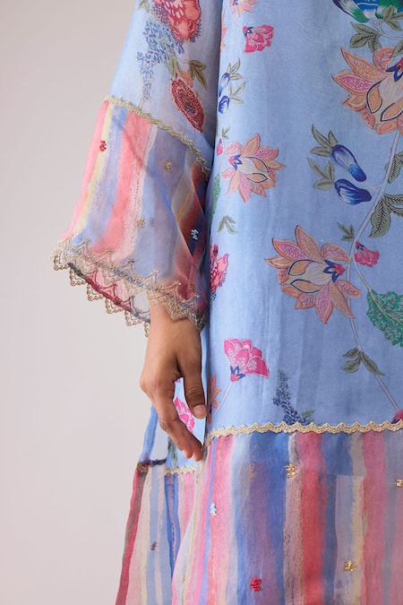 Buy_Bunka_Blue Organza Lace Round Neck Tara Printed Kurta With Pant 