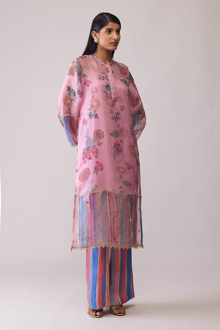 Bunka_Pink Organza Lace Round Neck Tara Printed Kurta With Pant _Online_at_Aza_Fashions
