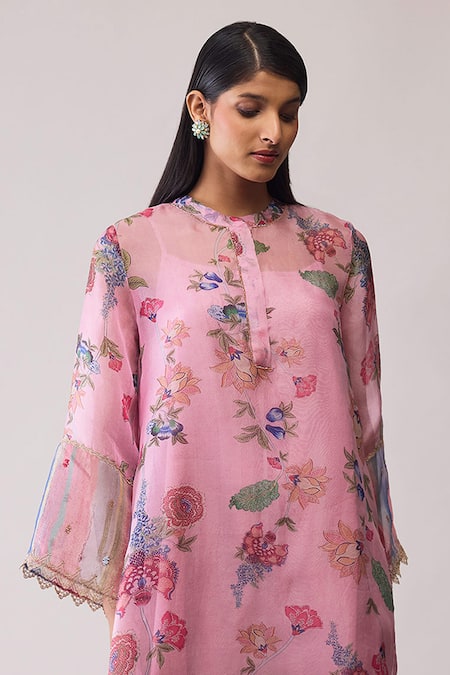 Buy_Bunka_Pink Organza Lace Round Neck Tara Printed Kurta With Pant _Online_at_Aza_Fashions